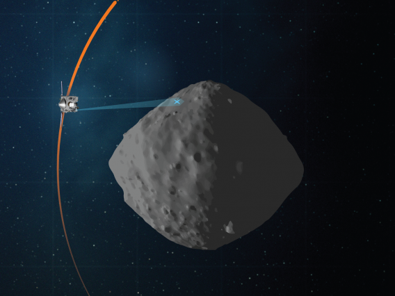 Illustration of spacecraft flying around asteroid Bennu